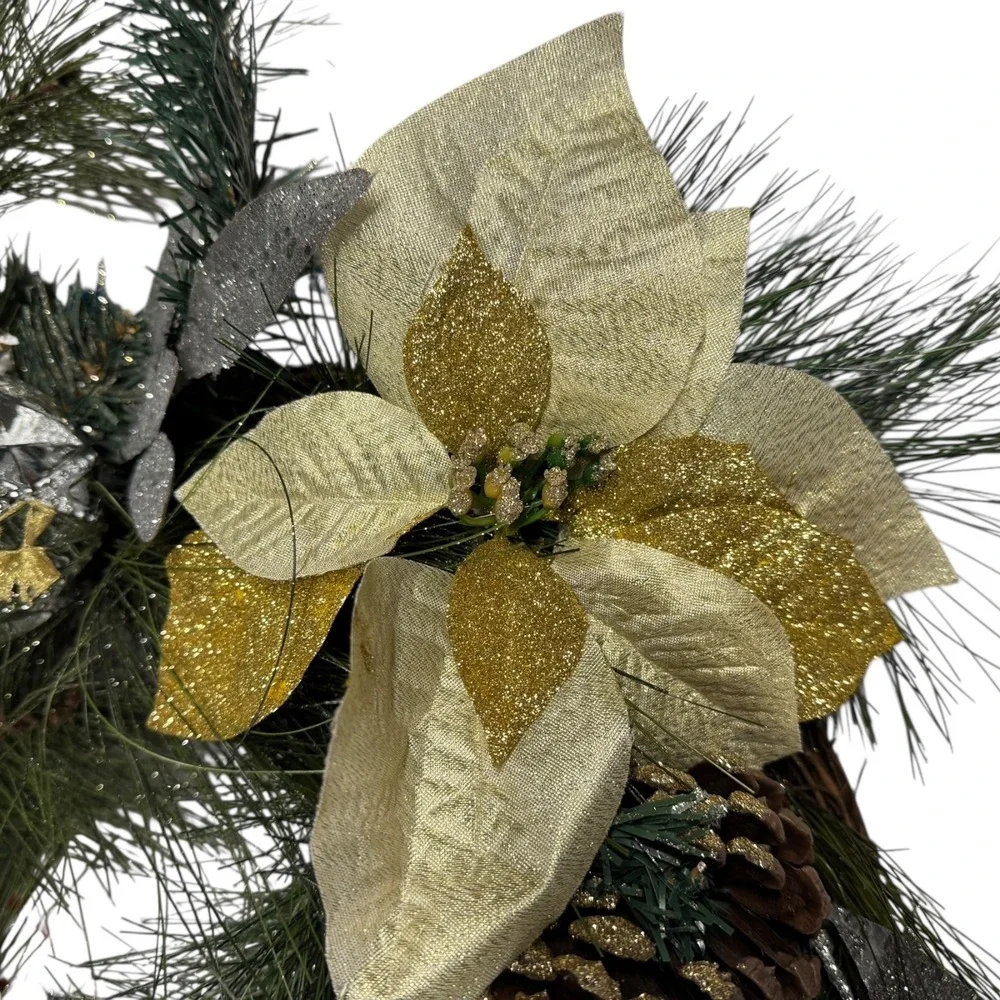 Christmas Wreath Holiday Pine‎ Cone Ornament Gold Silver Decor 15 Inch